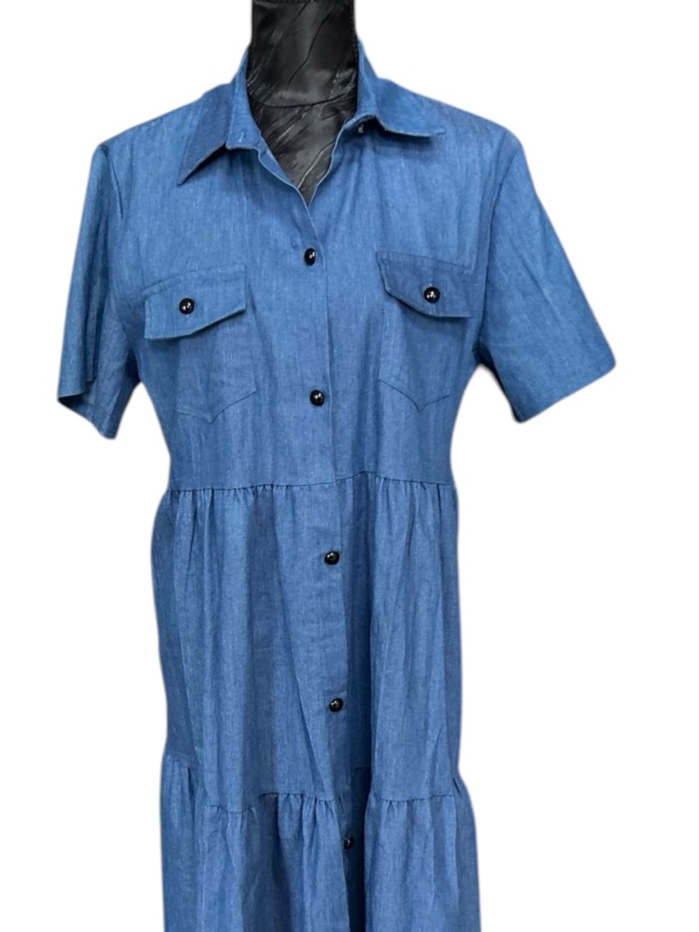 Denim Look Tiered Button Front Midi Dress Blue Size 3X (Fits XL-2X)
